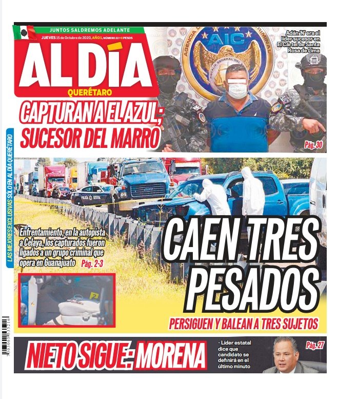 Aldiaqro's tweet photo. #BuenosDias hoy en las #NoticiasDeQueretaro Persecución y balacera; tres detenidos. ll Cae El Azul, sucesor de El Mareo. ll Corren a inspectores a jitomatazos del mercado https://t.co/twvKKWQKaQ