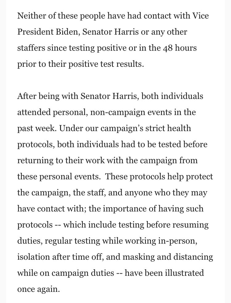 Part of the full, detailed statement from Biden campaign manager  @jomalleydillon regarding the two staffers who tested positive for  #covid19.  @DouglasEmhoff travel is also cancelled for today.