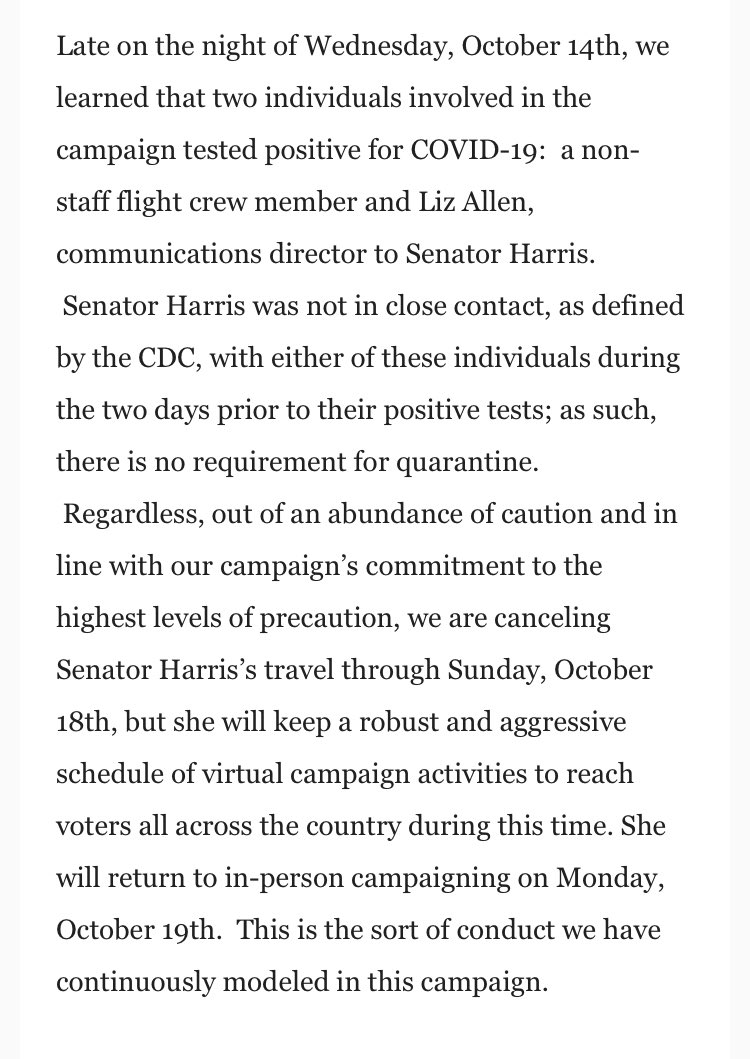 Part of the full, detailed statement from Biden campaign manager  @jomalleydillon regarding the two staffers who tested positive for  #covid19.  @DouglasEmhoff travel is also cancelled for today.