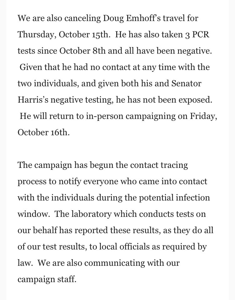 Part of the full, detailed statement from Biden campaign manager  @jomalleydillon regarding the two staffers who tested positive for  #covid19.  @DouglasEmhoff travel is also cancelled for today.