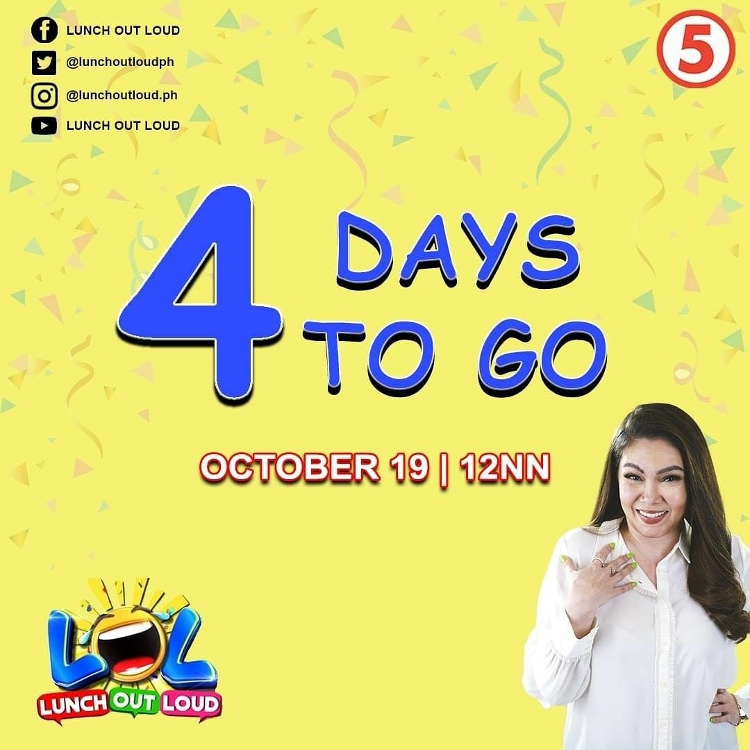 #Reposted from @LunchOutLoudPH
Malapit na ang LUNCH OUT LOUD! 4 na araw na lang, mga Ka-LOL! Chill lang!

#LunchOutLoudOnTV5
#BrightlightProductionsOnTV5
#biggerbetterbermonthsTV5
<a href="/kbrosas/">carmela brosas</a> @LunchOutLoudPH <a href="/TV5manila/">TV5</a>