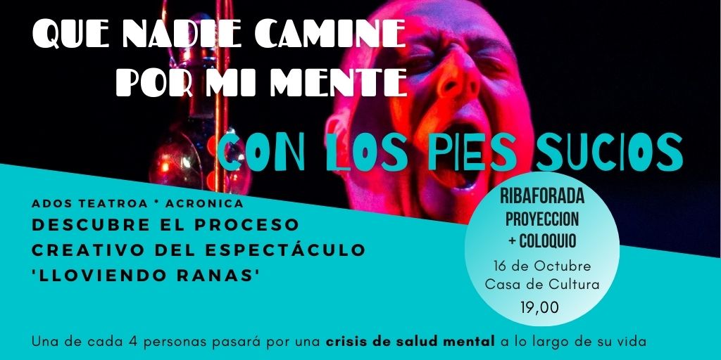 adosteatroa's tweet photo. Mañana 16 de octubre (19,00) proyección de Que nadie camine por mi mente con los pies sucios (Derechos Humanos a Escena 2019) en la Casa de Cultura de Ribaforada.
Descubre el proceso creativo de la obra #Lloviendoranas.
Con @adosteatroa y #AcronicaProducciones
#innovacultural2018 https://t.co/ZxfDxZM2U6