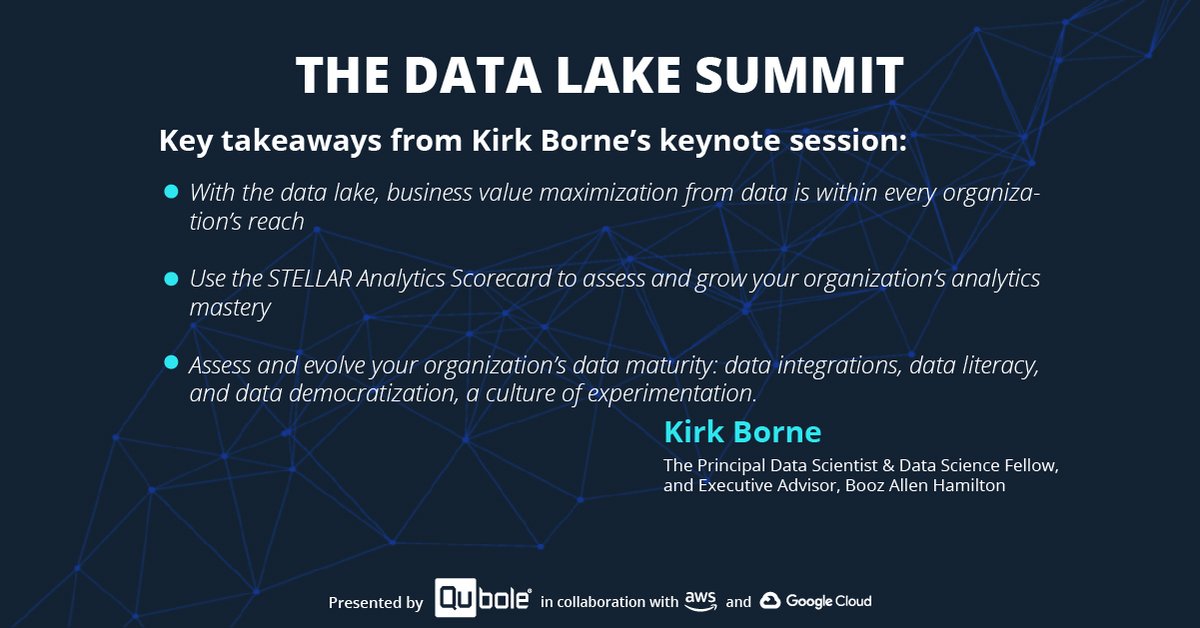 qubole's tweet photo. Key takeaways from @KirkDBorne’s keynote session ‘#Data Leadership #innovation and value creation from data and empowerment of employees with data culture’ at the #DataLakeSummit.
Stay tuned for session recordings & other takeaways.
#datalakes #DataLakeSummit2020 #datalake https://t.co/A6eWDCfC1X