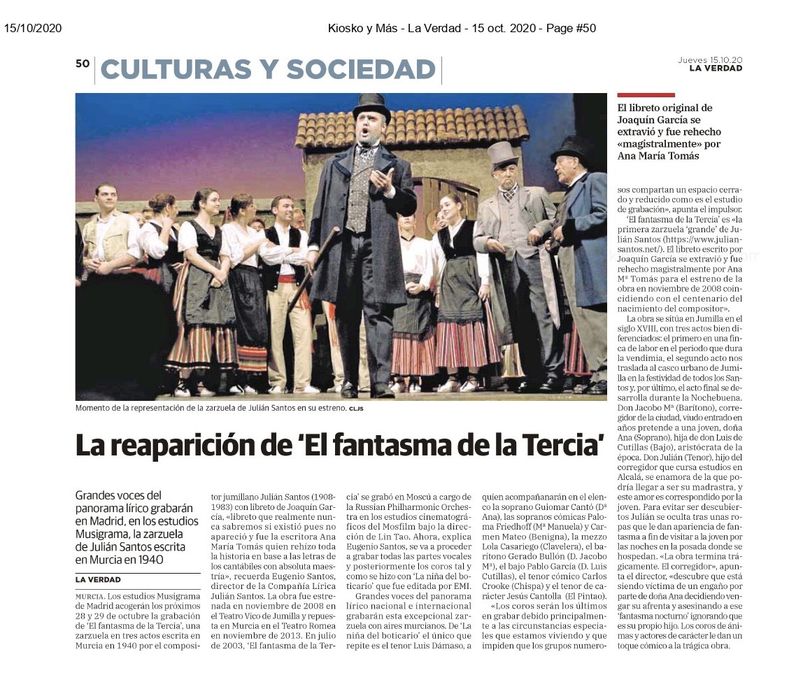 operadreamscon1's tweet photo. Hoy en @laverdad_es Murcia se hacen eco de nuestra próxima grabación El fantasma de la tercia zarzuela de Julián Santos en la que intervendrán @GuiomarCanto @GerardoBullon @PalomaFriedhoff Luis Dámaso, Pablo García, Lola Casariego, Carmen Mateo, Jesús Cantolla y Carlos Crooke https://t.co/Zs4UTW7e2A
