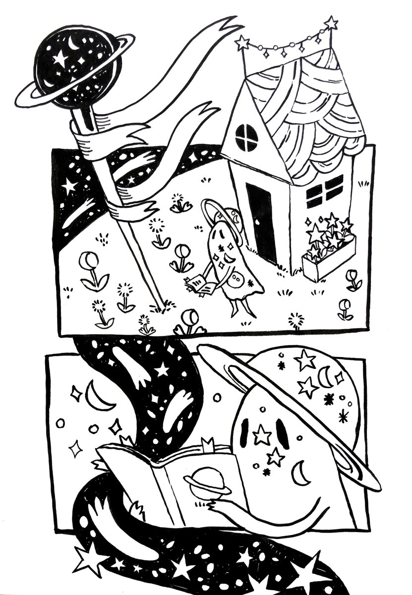 INKTOBER DAY 15. OUTPOST - " Oh! We are getting some metero shower tonight! " - a little space ghost in it's little outpost somewhere far far away in the galaxy✨ #inktober2020 #ArtistOnTwitter 
#inktober2020day15