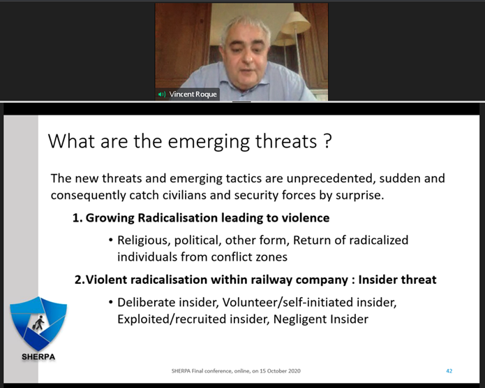 RailSecurityUIC's tweet photo. Vincent Roque, @SNCF Security Directorate, presents the emerging threats for #rail. These include: radicalisation leading to violence, insider threat, drones/UAV, cyber attacks, CBRNe, terrorist use of social media & hybrid methods. #SherpaRailProject #PublicSpaceProtection @uic https://t.co/jilHAVnysL