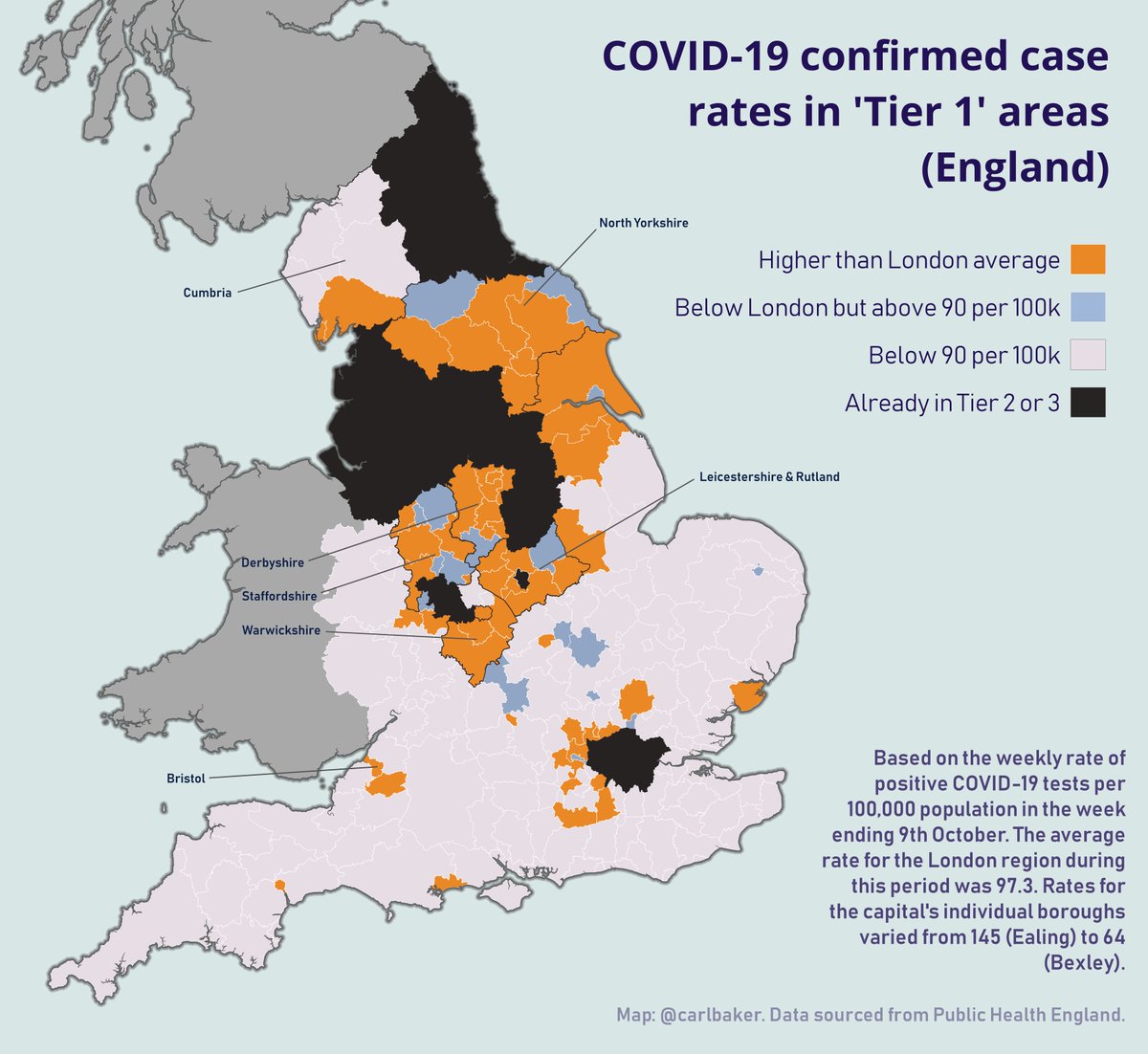 With London reportedly added to Tier 2 (high) covid alert level, the boundary between Tiers 1 and 2 becomes blurrier. Here are the 56 & #39;Tier 1& #39; local authorities in England where current infection rates are higher than London& #39;s average - and a further 17 that aren& #39;t far behind.