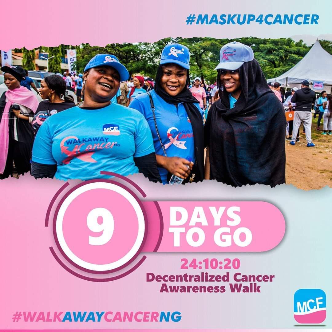 MalcolmAlkalee's tweet photo. 09 DAYS TO GO: Join the Biggest #CancerAwarenessWalk in Nigeria organized by @MedicaidcfP on the 24th of #October 2020.
Get your Kit and get ready to #MaskUp4Cancer.
⏩Let's increase #Awareness
⏩Let's #DonateForCancer
#CancerAwareness
#Pinktober20
#BreastCancerAwarenessMonth https://t.co/r8BLWCCi9P
