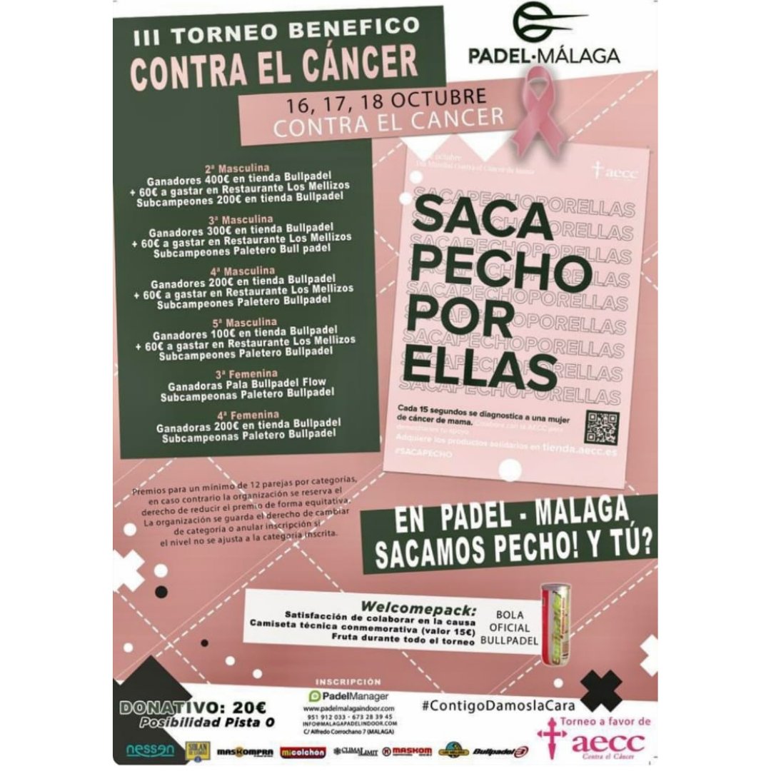 PadelManager's tweet image. #SACAMOSPECHO!

@malagaindoor organiza el III Torneo benéfico contra el Cáncer los días 16, 17 y 18 de Octubre, con Padel Manager como colaborador y partner tecnológico.

Hemos hecho un COMPLETO en tiempo récord, +100 parejas! Gracias por sacar pecho y contar con Padel Manager