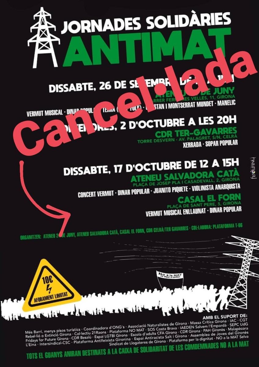 Com van les coses no creiem que sigui cap sorpresa que la jornada solidariq prevista per aquest dissabte a l'Ateneu Popular <a href="/SalvadoraCata/">Ateneu Popular Salvadora Catà</a> i al <a href="/El_Forn/">Casal Indep. El Forn</a> queda cancel•lada.