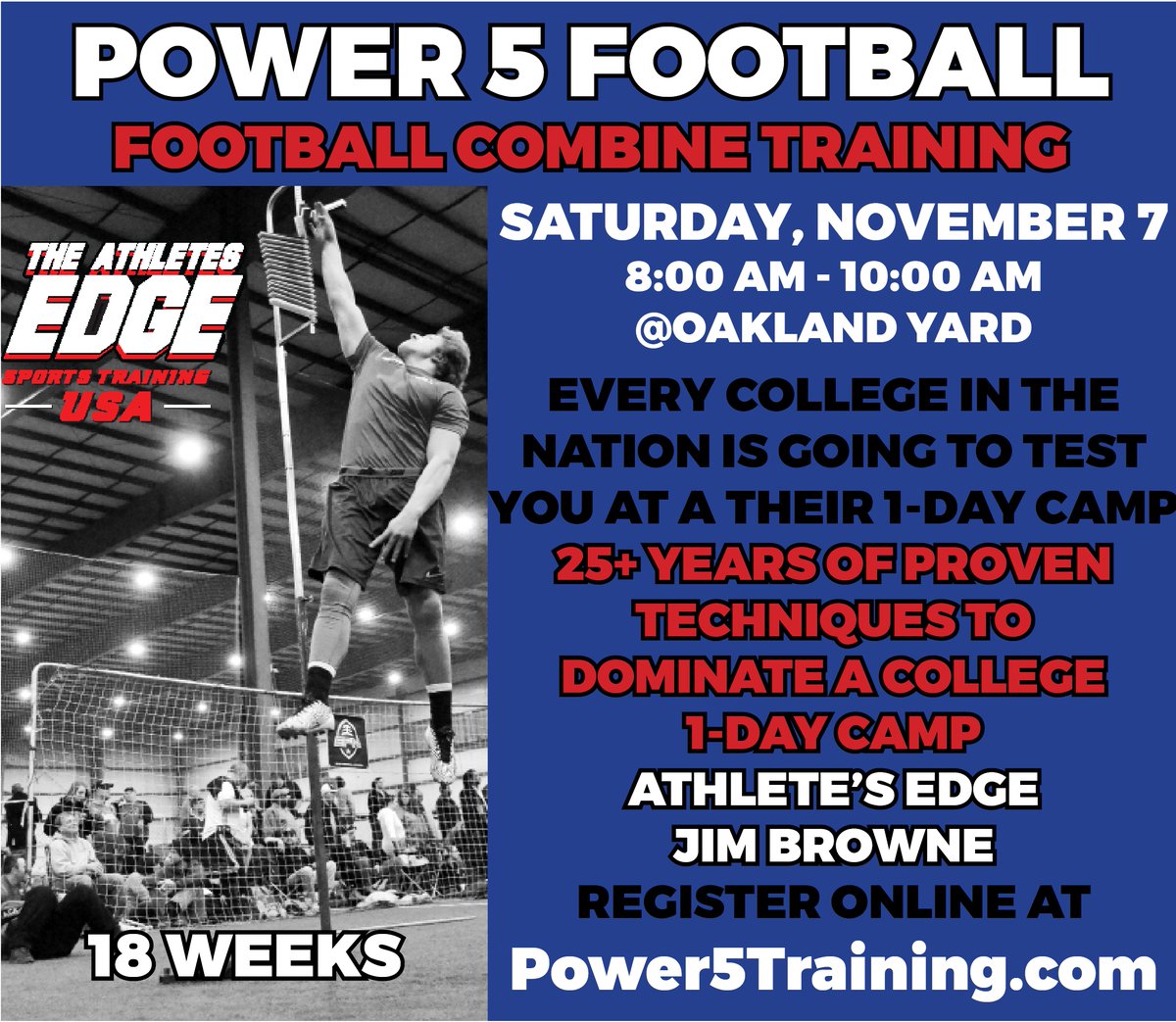 power5football2's tweet image. @Power5Football Offseason #FootballCombine Training starts up November 7. Learn the proper techniques and improve your test results for the college 1-day camps. #ExplosiveSpeed #ExplosivePower #Fundamentals  #FootballScholarships Power5Training.com