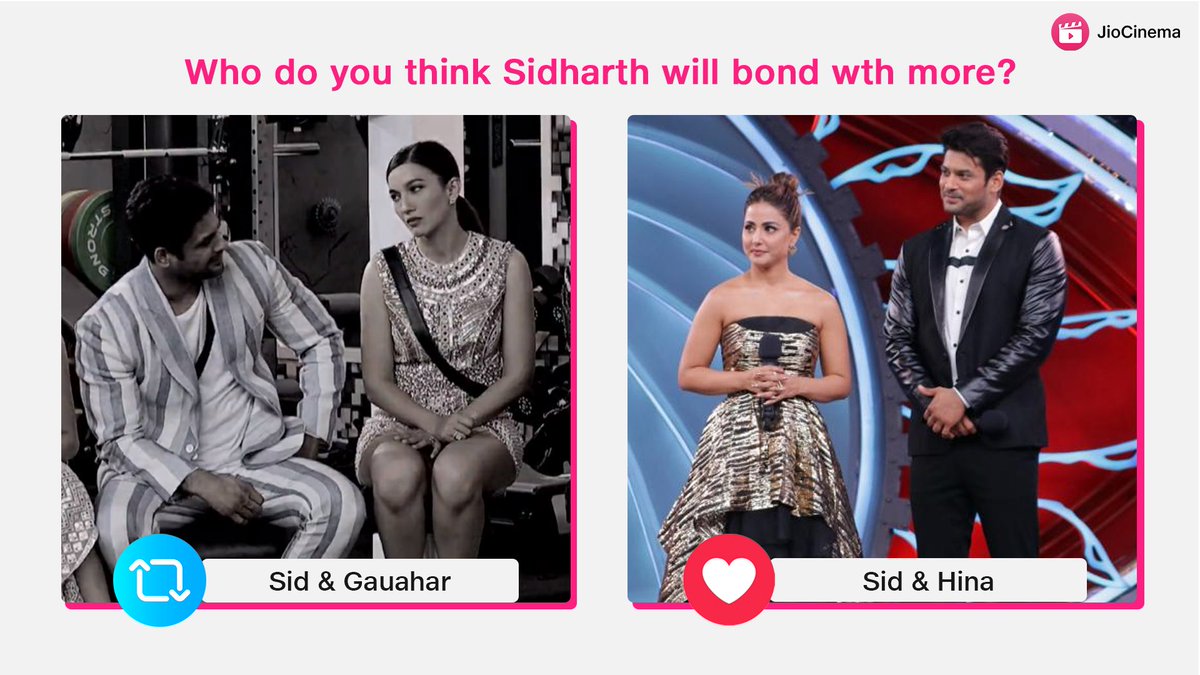 HotstarReality's tweet photo. Which senior team are you on? 😝

🔁 RT for #SidharthShukla &amp; #GauaharKhan, ❤️ LIKE for #Sidharth and #HinaKhan!

Watch them in #BB14 on #JioCinema!

@sidharth_shukla @GAUAHAR_KHAN @eyehinakhan 
#sidhearts #gauaharkhaninBB14 #hina #BiggBoss14 #BiggBoss2020 https://t.co/lJoci7erdl