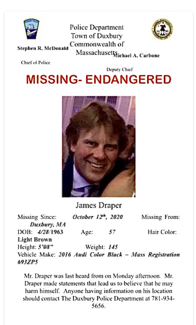 MISSING PERSON - If you see James Draper or have information about him, please call 911 or ⁦<a href="/Duxbury_Police/">Duxbury Police</a>⁩.  Please share. Thank you.