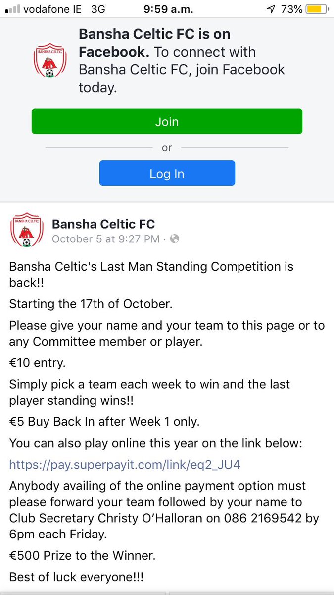 Don’t forget our lastman standing competition starting this Saturday... Names in by Friday night to any committee member or contact our club secretary Christy Halloran on 0862169542