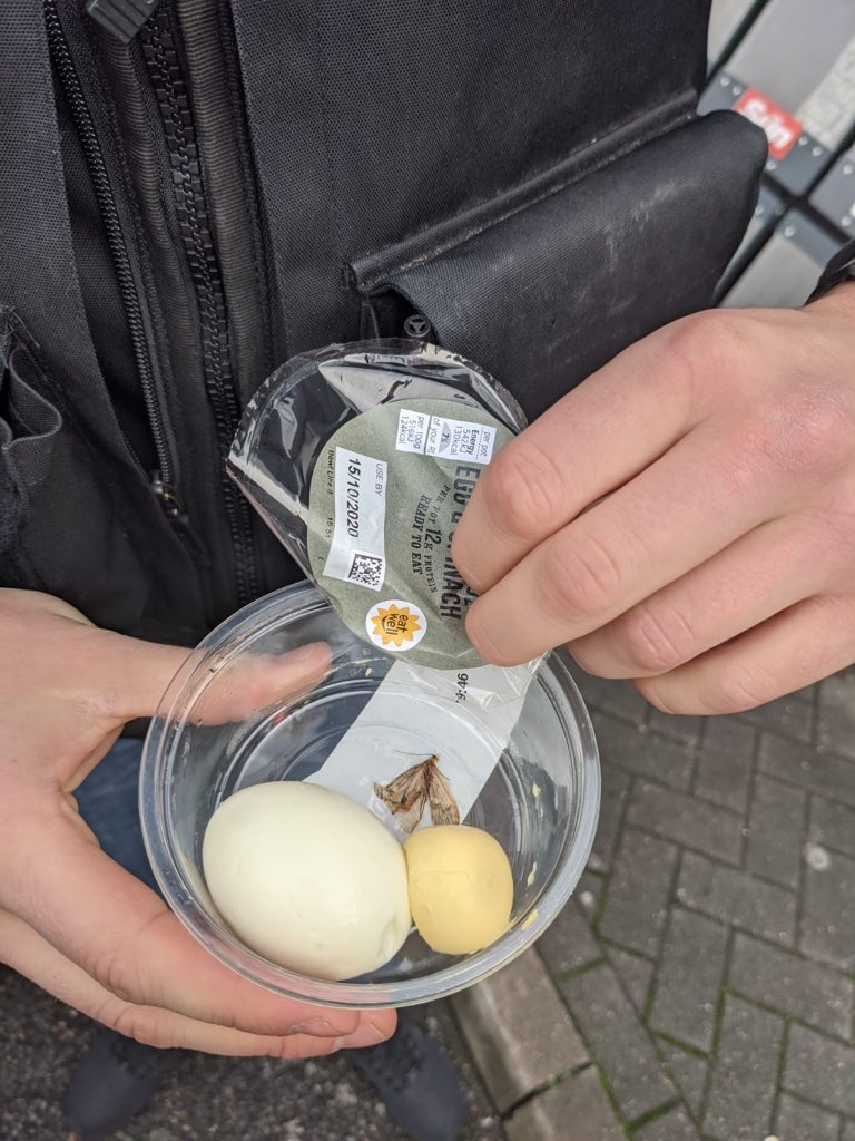 Wellsie1986's tweet photo. My emergency service worker colleague and I attended @marksandspencer in BP, SE13 to grab a snack, only to find a dead moth in his egg and spinach pot!! The staff swapped it over for another one rather quickly. #disgusting #moth #marksandspencer https://t.co/JQ3ekcIp1k