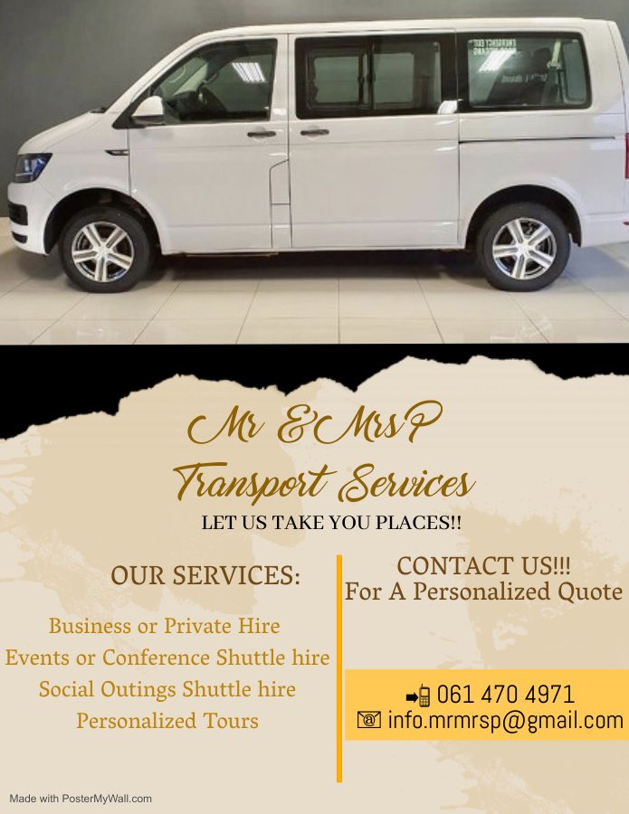 Modubu's tweet photo. @sindivanzyl Travel season is upon us, contact @MrMrsP_ for all your transport needs.
📲 061 470 4971
📧 info.mrmrsp@gmail.com
#PlugAFriend https://t.co/yOLbuc1QoU