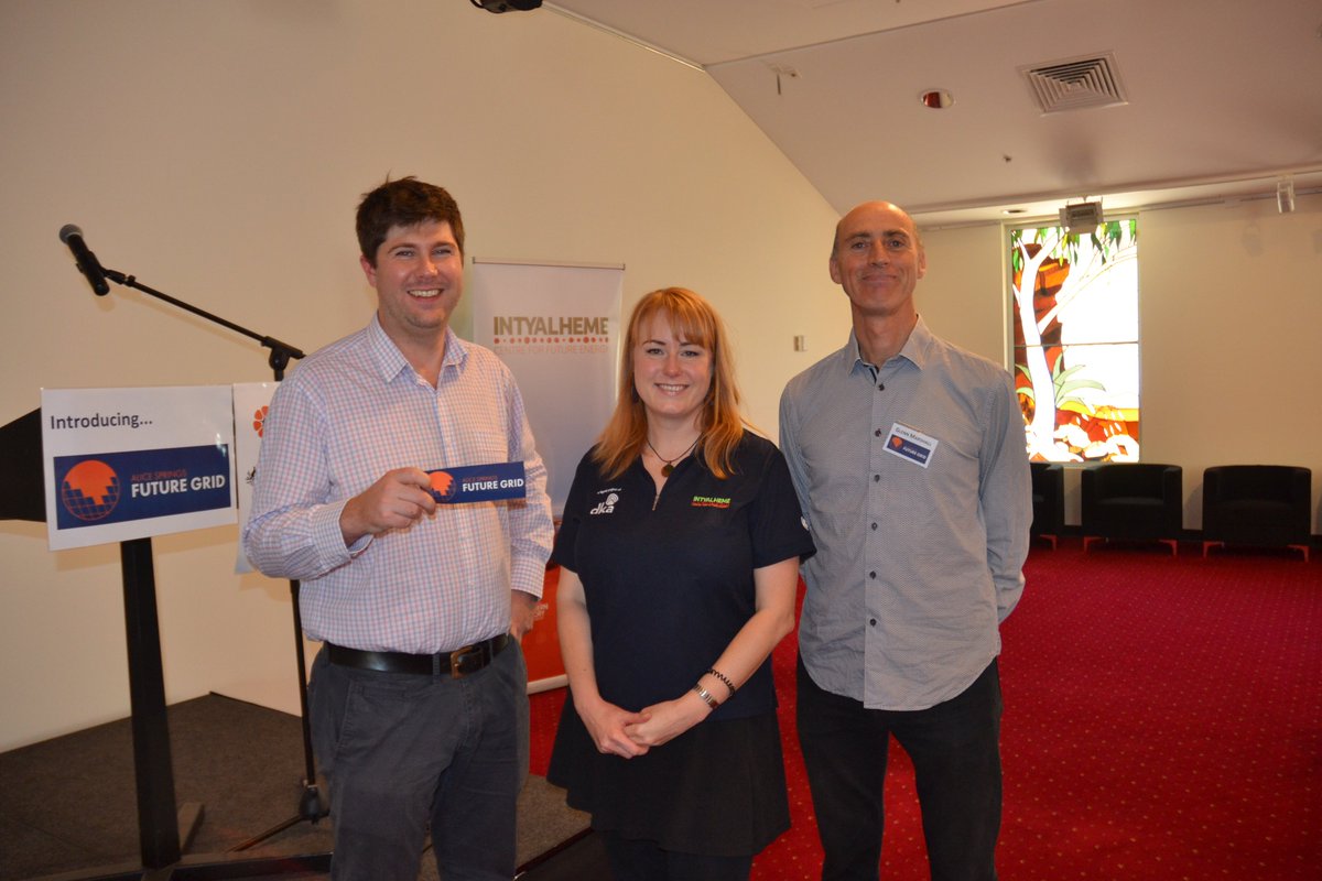 Intyalheme General Manager Tristan Simons and Communications Officer Andrea Johnston with Glenn Marshall from the Arid Lands Environment Centre. Part of the team delivering the #AliceSpringsFutureGrid project. Photographed today after delivering a community information session.