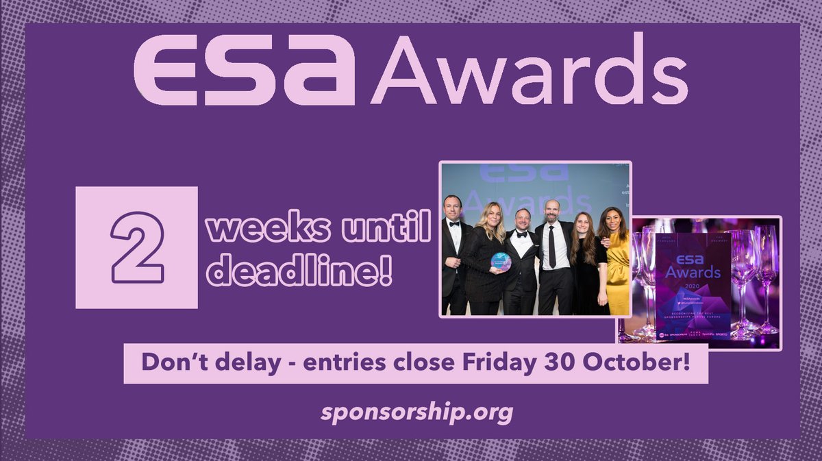 There's just two weeks left to enter the 2021 #ESAawards! 🏆

Now is the time to crunch the numbers, polish your pitches and fine-tune your submissions. Not convinced? Here's five reasons to get involved 👇

ow.ly/eKbn50BT8XZ