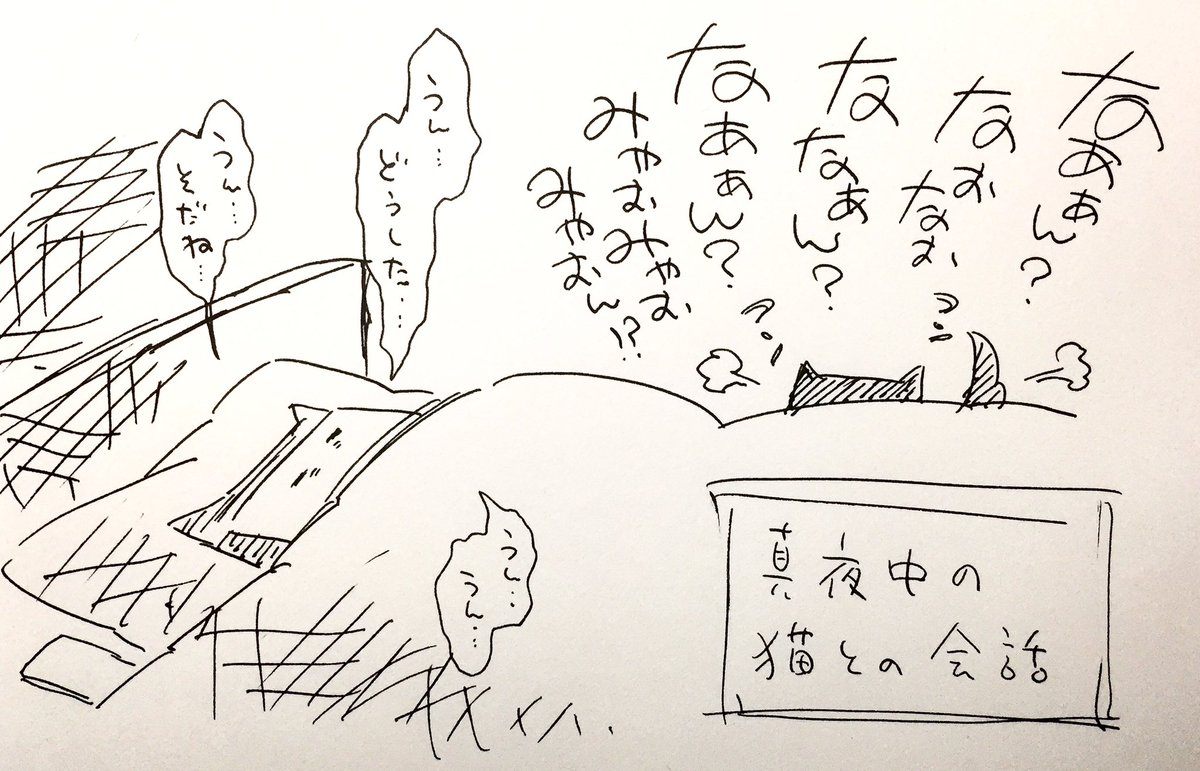 個人的飼い主あるあるの図。

真夜中、テンション爆上がりして一方的に話しかけてくる猫に半寝状態で生返事。 