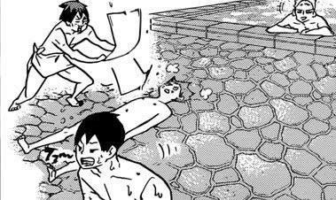 Btw we got to see ennoshita being another medic to save the day. Remember this panel? Yamaguchi then went out from the bathroom and met ennoshita. Ennoshita then told yams to bring the essentials for hinata. //Hold these crumbs story to heart 