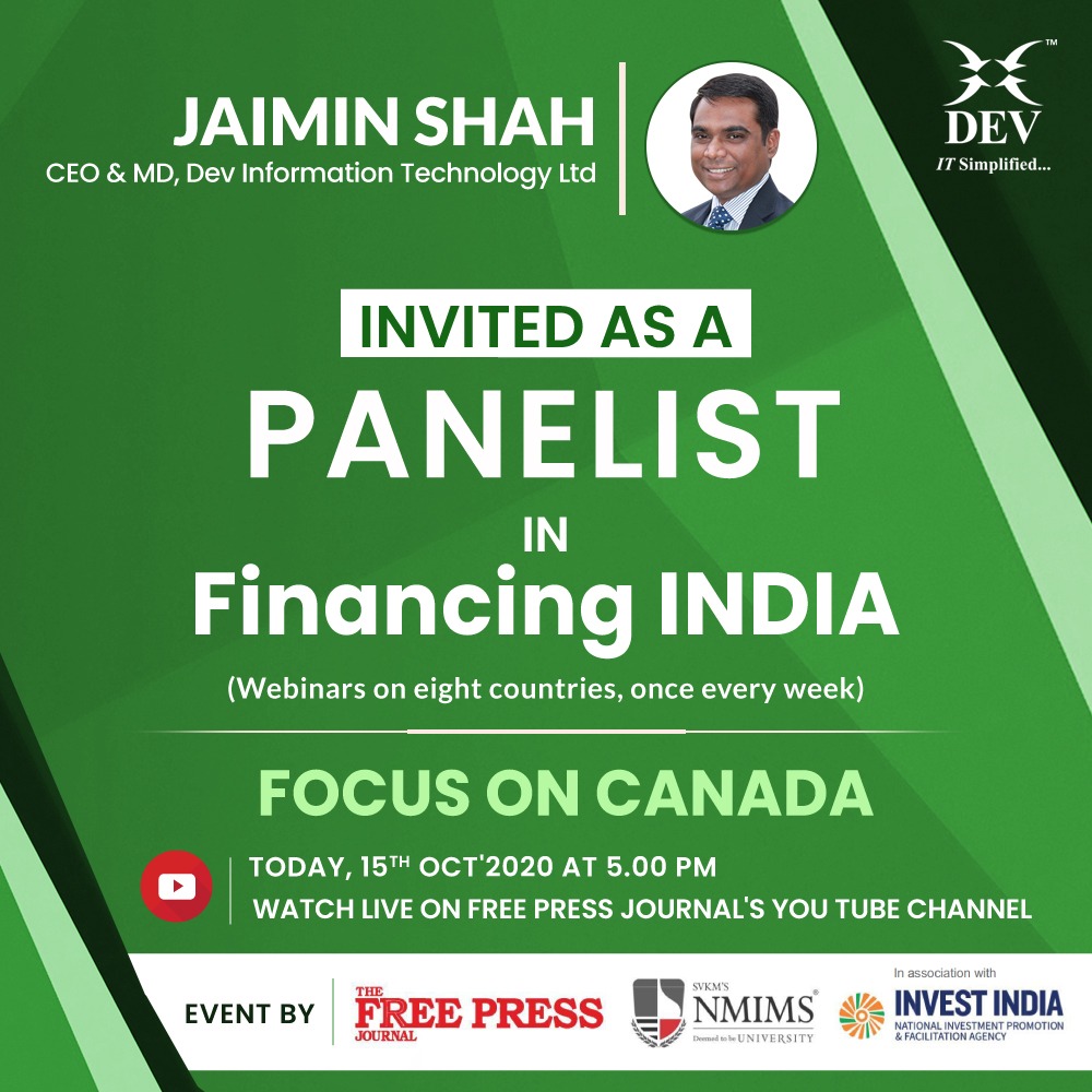 DEVITPL's tweet photo. Mr. @JaiminJShah is invited as #Panelist in webinar series 'Financing INDIA', event hosted by @fpjindia &amp; @nmims_india in association with @investindia. The focus country for the very first webinar is CANADA. https://t.co/tISvswlH7D