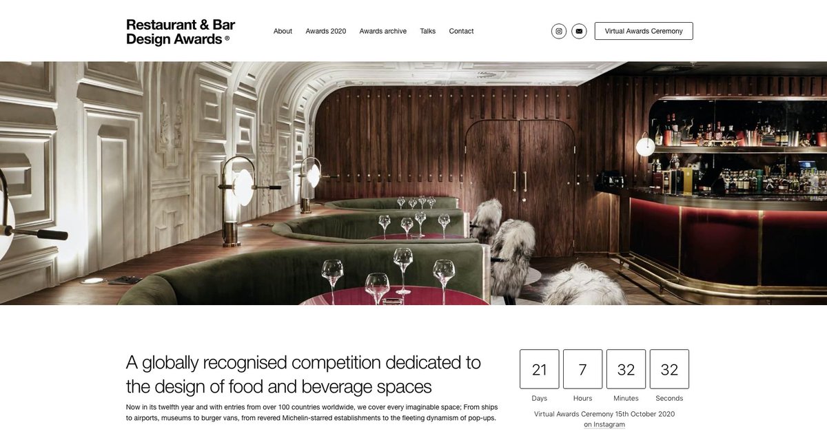CORE (@weare_core) on Twitter photo Core is live-streaming <a href="/ResBarDesign/">Restaurant & Bar Design Awards</a>'s virtual #award ceremony today in just under two hours! Why not tune in at 14:00 UK time on their website, or check out their Instagram? 📽🏆Good luck to all nominees! 🤞
restaurantandbardesignawards.com/virtual-awards… Core is live-streaming <a href="/ResBarDesign/">Restaurant & Bar Design Awards</a>'s virtual #award ceremony today in just under two hours! Why not tune in at 14:00 UK time on their website, or check out their Instagram? 📽🏆Good luck to all nominees! 🤞
restaurantandbardesignawards.com/virtual-awards…
