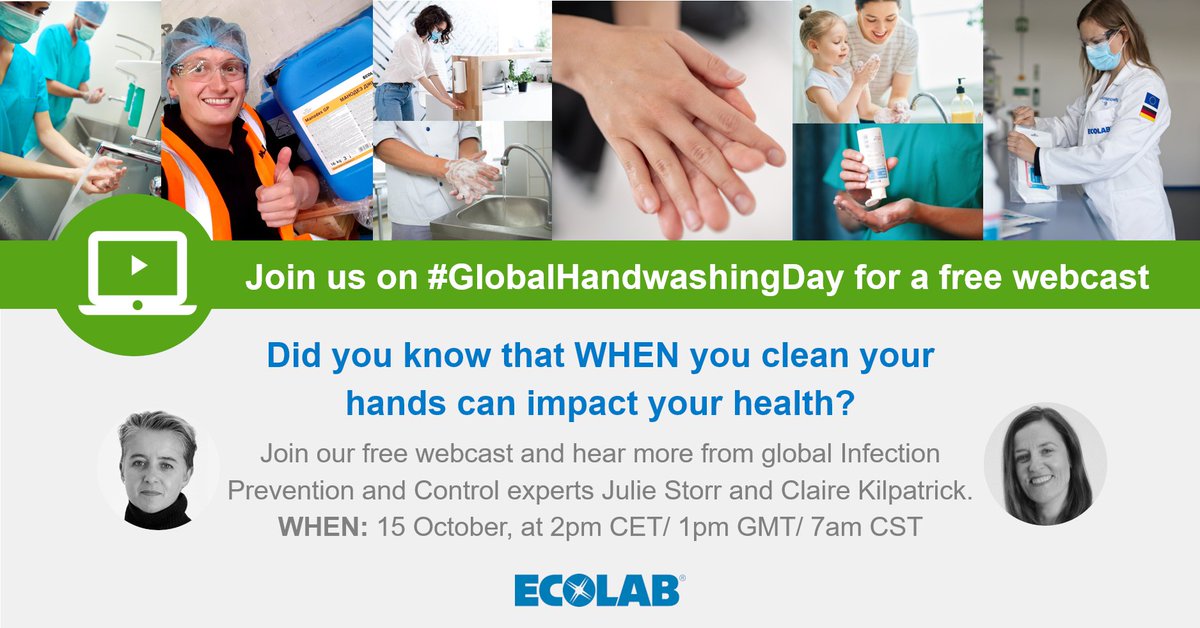 Global Handwashing Day is today! Did you know that WHEN you clean your hands can impact your health? Join our webcast today at 2pm CEST/1pm UK #Ecolab #GlobalHandwashingDay2020