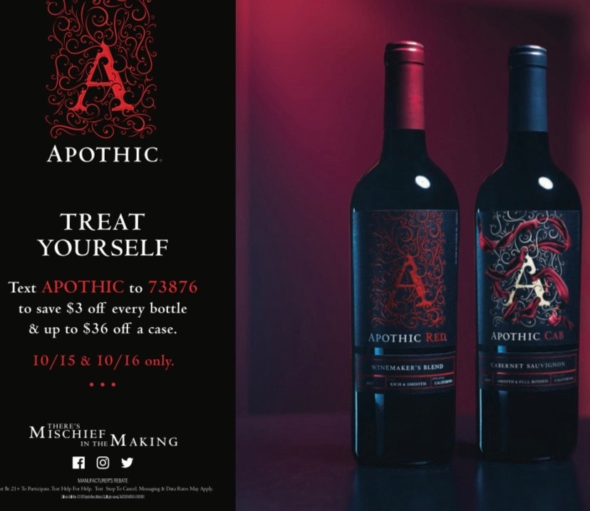 ElmaLiquor's tweet image. Apothic Flash Sale starts today! Get up to $36 back in digital rebate - no mail-in necessary! Just text Apothic to 73876 and get $3/750ml bottle up to $36 via Venmo or PayPal. Valid on 10/15 and 10/16 only

#apothicflashsale #apothicwine #apothicred
