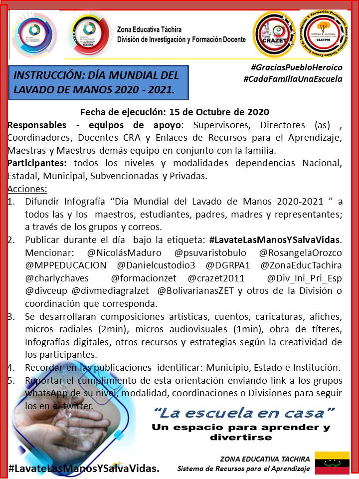 #15Oct || Día Mundial del Lavado de Manos 👐💦💧
#LavateLasManosYSalvaVidas

"La Escuela en Casa" un espacio para aprender y divertirse
#ImpulsamosLaSoberaníaAlimentaria
<a href="/NicolasMaduro/">Nicolás Maduro</a> @psuvaristobulo <a href="/FreddyBernal/">Freddy Bernal</a> @MPPEDUCACION