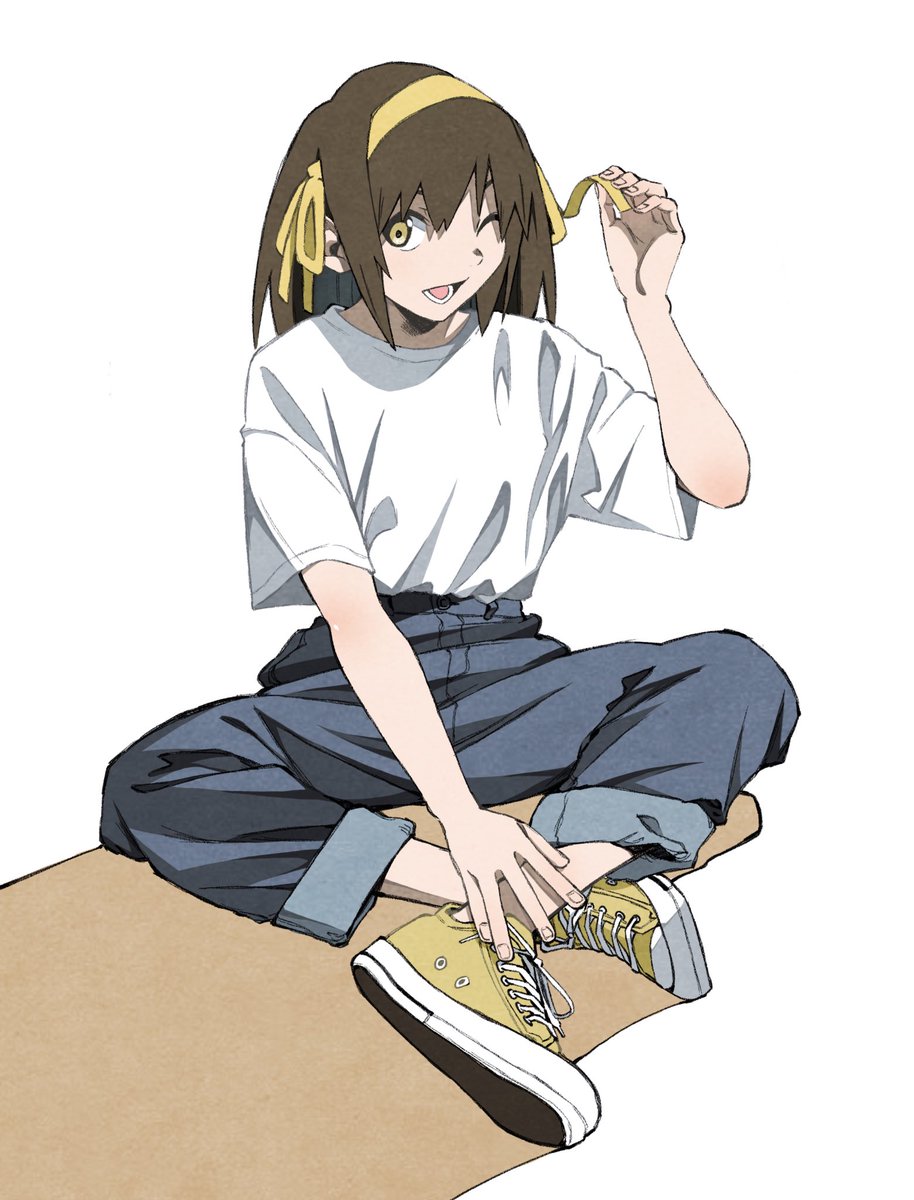 suzumiya haruhi 1girl solo pants yellow hairband brown hair shirt shoes  illustration images