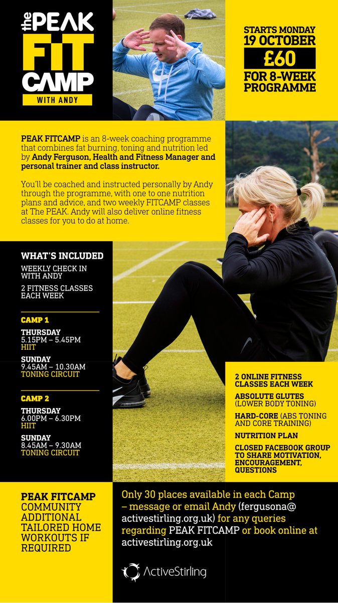 PEAK FIT CAMP with Andy and Dawn
Starts tomorrow Monday 19 October
8 weeks programme – Get results #Fatburning #Nutrition #Toning
Never too late to make that change
Find out more and booking online now!
activestirling.org.uk/activities/pea…
<a href="/StirlingCouncil/">Stirling Council</a> @thepeakstirling