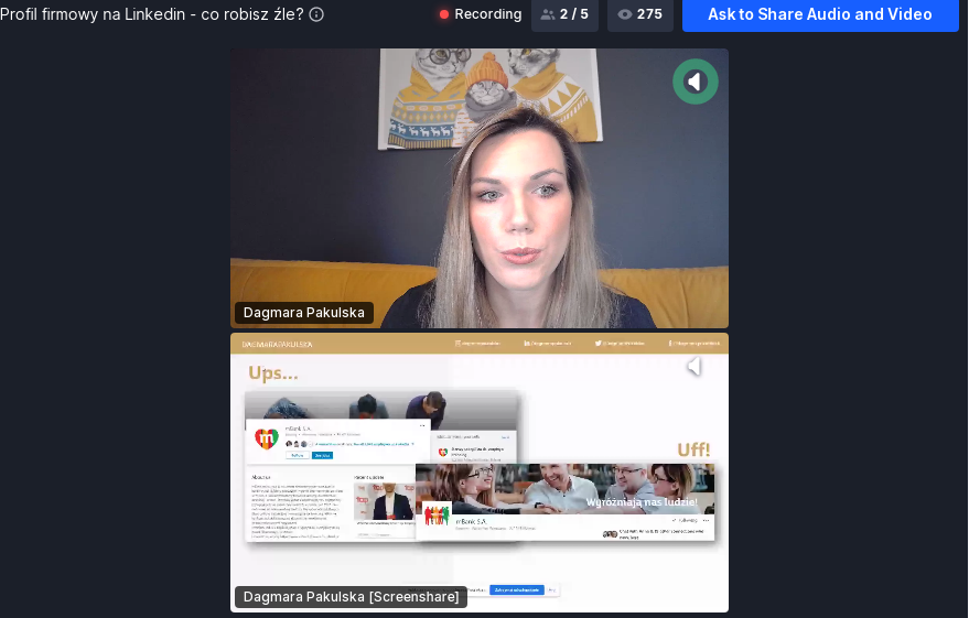 getSharebee's tweet photo. Niezastąpiona @DagmaraPakulska dzisiaj, na #LinkedInLocalVirtual, pokazuje dobre i złe przykłady prowadzenia stron firmowych na #LinkedIn. Słuchamy z wypiekami na twarzy, zwłaszcza że zostaliśmy przez Dagmarę pochwaleni! :) https://t.co/JNsE9oVwMp