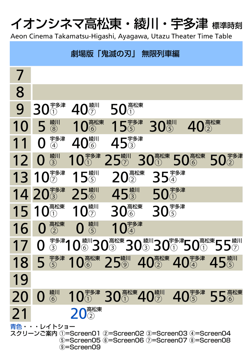 ゆ め じ さ ん せっかくなので 香川県下イオンシネマ3場 高松東 綾川 宇多津 の 劇場版鬼滅の刃 無限列車編上映初日を 時刻表アレンジにしてみた 見事に夕方ラッシュができてた