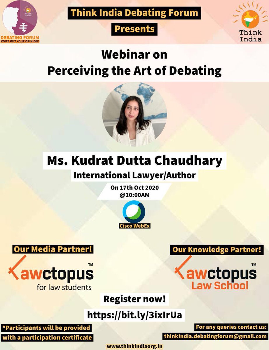 thinkindiaorg's tweet photo. The Think India Debating Forum cordially invites you to our first webinar on the topic - ‘ Perceiving the art of debating’ on 17th October ,2020 at 10:00 A.M. in partnership with our media partner @Lawctopus and our knowledge partner Lawoctupus law school . DETAILS BELOW. https://t.co/8HQpQRHH0I