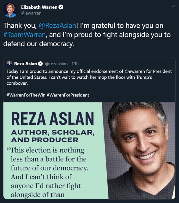 14)Iran lobbyists also support Warren.Warren voiced gratitude for an endorsement from NIAC member Reza Aslan.Aslan has close relations with Iran’s regime & also makes disgusting remarks on Twitter.