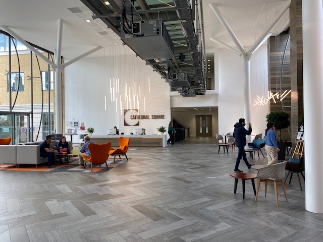 Good footfall <a href="/CathSqGuildford/">CathedralSqGuildford</a> - another sizeable viewing this morning. Fantastic business lounge and common space plus great coffee from Moses are amongst the attributes. Space from c.3,000 sq ft upwards. <a href="/KFNatOffices/">KF National Offices</a> <a href="/LSHtweets/">LambertSmithHampton</a> #Guildford #working #community #lifestyle