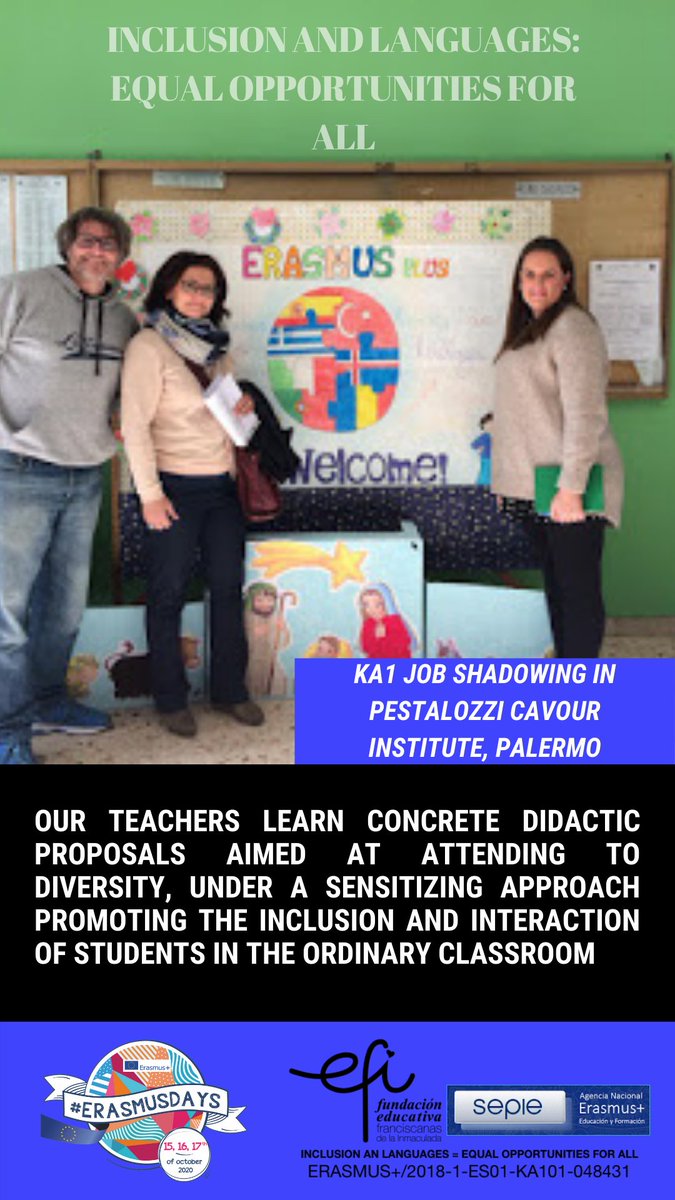 erasmuspurisima's tweet photo. 📢This is our contribution to #ErasmusDays2020. The Job Shadowing in Palermo with our #erasmusplus project was an unforgettable experience our #TEACHers had with @pestalozzicavourinst. 🇪🇺🇪🇺
@sepiegob
@ErasmusPlus_pro 
@LaPurisimaValen https://t.co/HwfHYzjiou