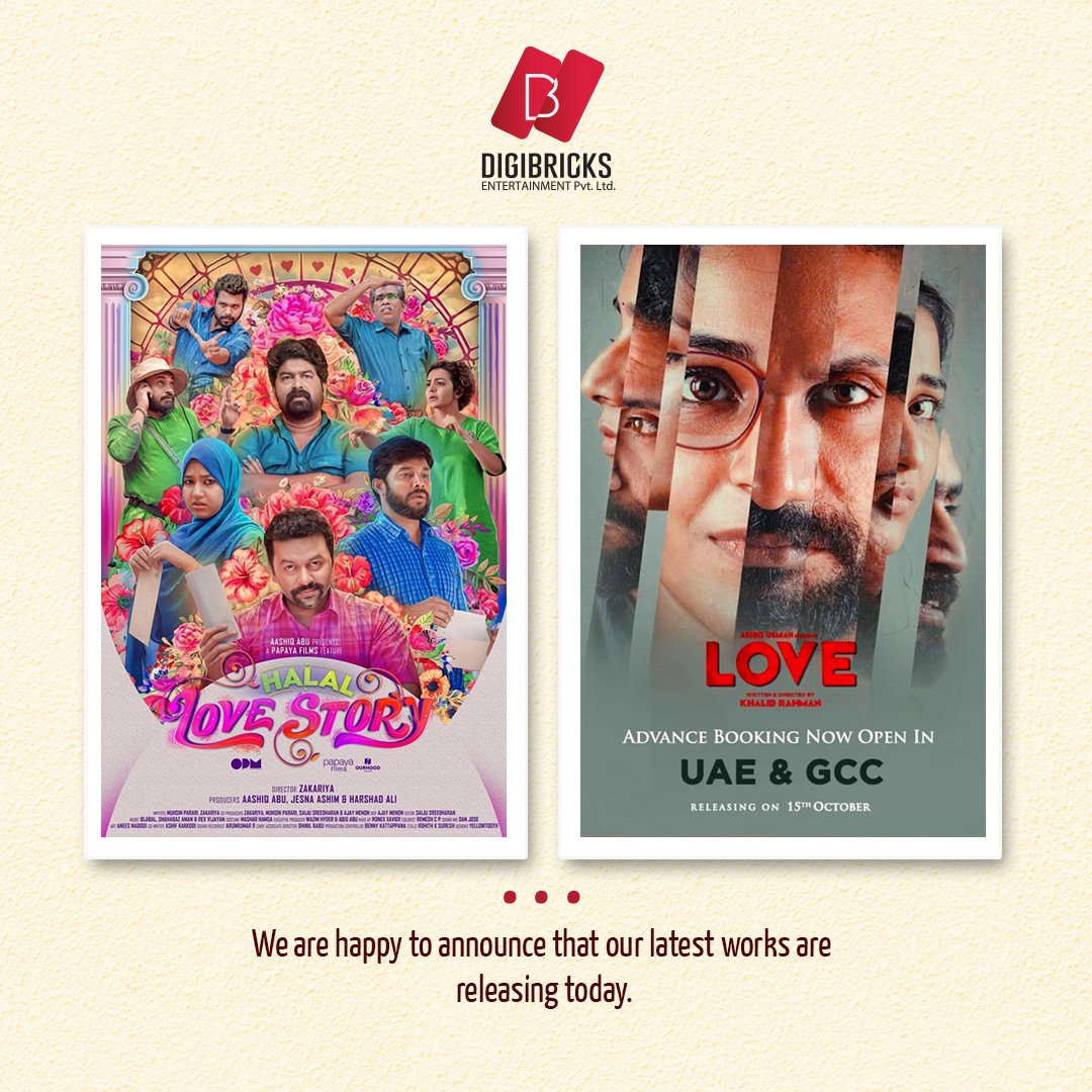 VfxBricks's tweet image. We are happy to announce that our latest works are releasing today. 

Do watch Halal love story, by zakaria at Amazon prime from today onwards.. Also Khalid rahman's Love is releasing in theatres in UAE &amp;amp; GCC... 

#halallovestory 
#lovemalayalammovie 
#digibricks