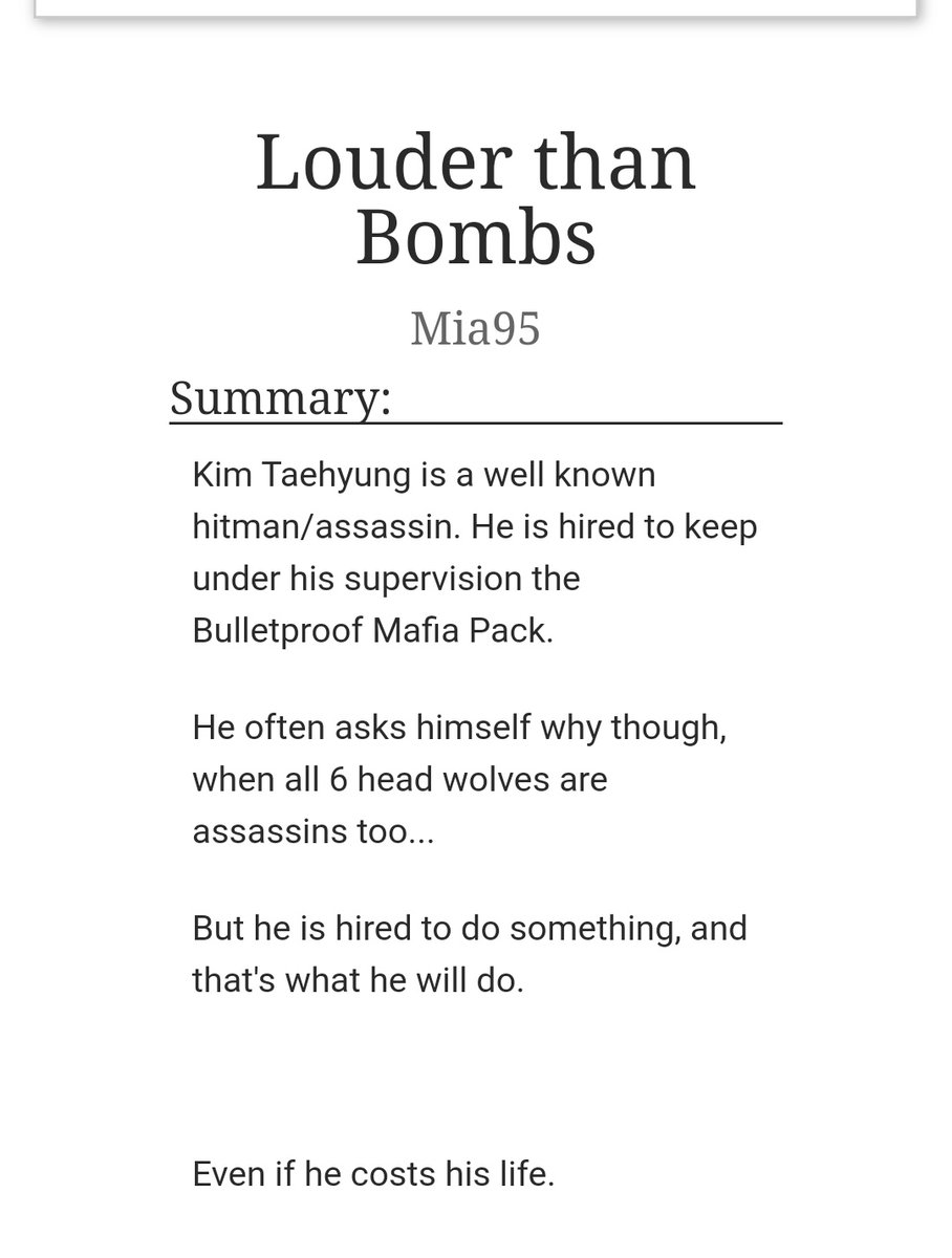 minnieislovee's tweet photo. LOUDER THAN BOMBS 🔪
#ABO #OT7POLY
Kim Taehyung is a renowned assassin, hired to protect the Bulletproof pack.
He'll do anything to protect them even if it costs him his life.
https://t.co/EJO5Q0CnQw https://t.co/0EiCGAcVon