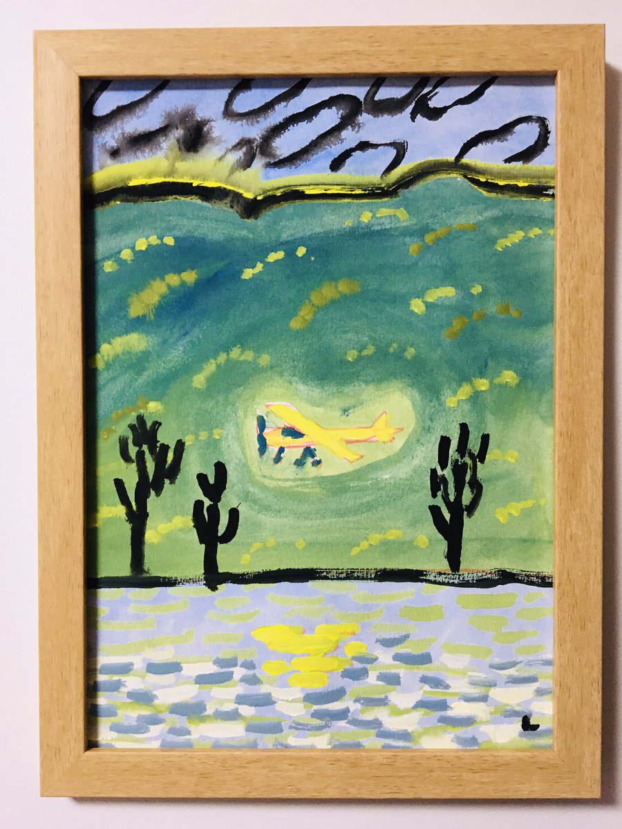Lioncider 飛ぶ黄色いプロペラ機 プロペラ機 Illustration Drawing Propellerplane Yellow Forest Lake Fly Sky Image Art Colorful Acrylicpaint Picture Painting イラスト アート カラフル 絵 イラストレーション