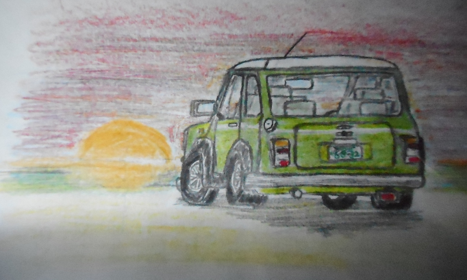 Austin 期末考査前日 朝焼けドライブ ミニ Mini 落書き 手書き 車 ローバーミニ 色鉛筆 朝日 朝焼け カーイラスト T Co 0juj0uz2qt