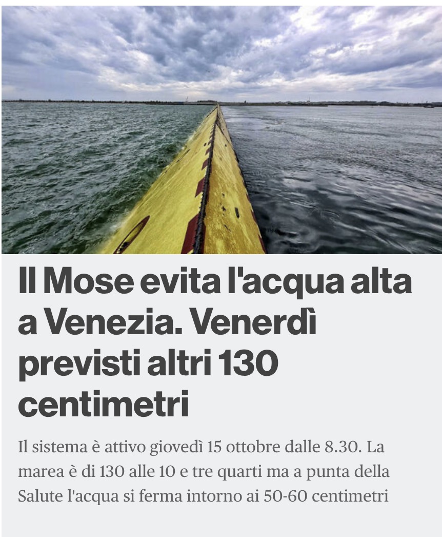 Il #MOSE, la più grande difesa del territorio mai realizzata in Italia, è in funzione anche oggi e sta salvando #Venezia. Vorrei farlo notare a tutti i terrapiattisti che per 30 anni hanno osteggiato un'opera straordinaria di ingegneria, tutta italiana. #MOSE #Italia #Orgoglio