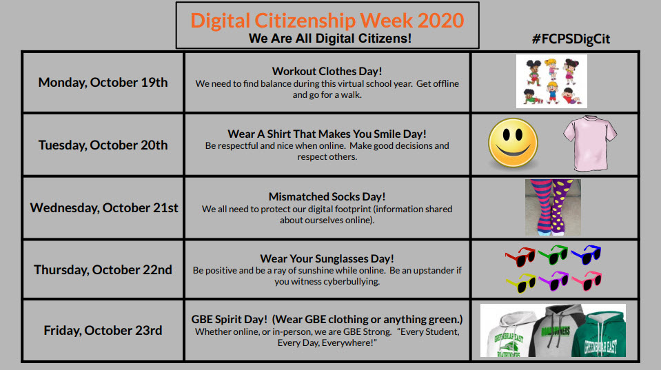 gbefcps's tweet photo. Oct. 19-Oct. 23 is Digital Citizenship Week.  GBE will participate in a Virtual Digital Citizenship Spirit Week to help promote different aspects of being a good citizen.  Families can share photos of student participation each day on social media using #FCPSDigCit &amp; #GBEStrong. https://t.co/pp9VlrM9To