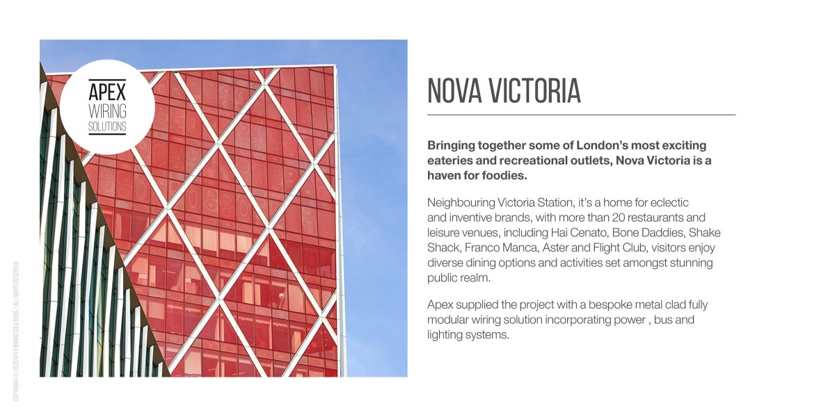 ApexWiring's tweet image. Bringing together some of London’s most eclectic eateries and recreational outlets, Nova Victoria is a haven for foodies. 

Apex supplied the project with a bespoke metal clad, fully modular wiring solution incorporating power, bus and lighting systems. #MMC #ModularWiring