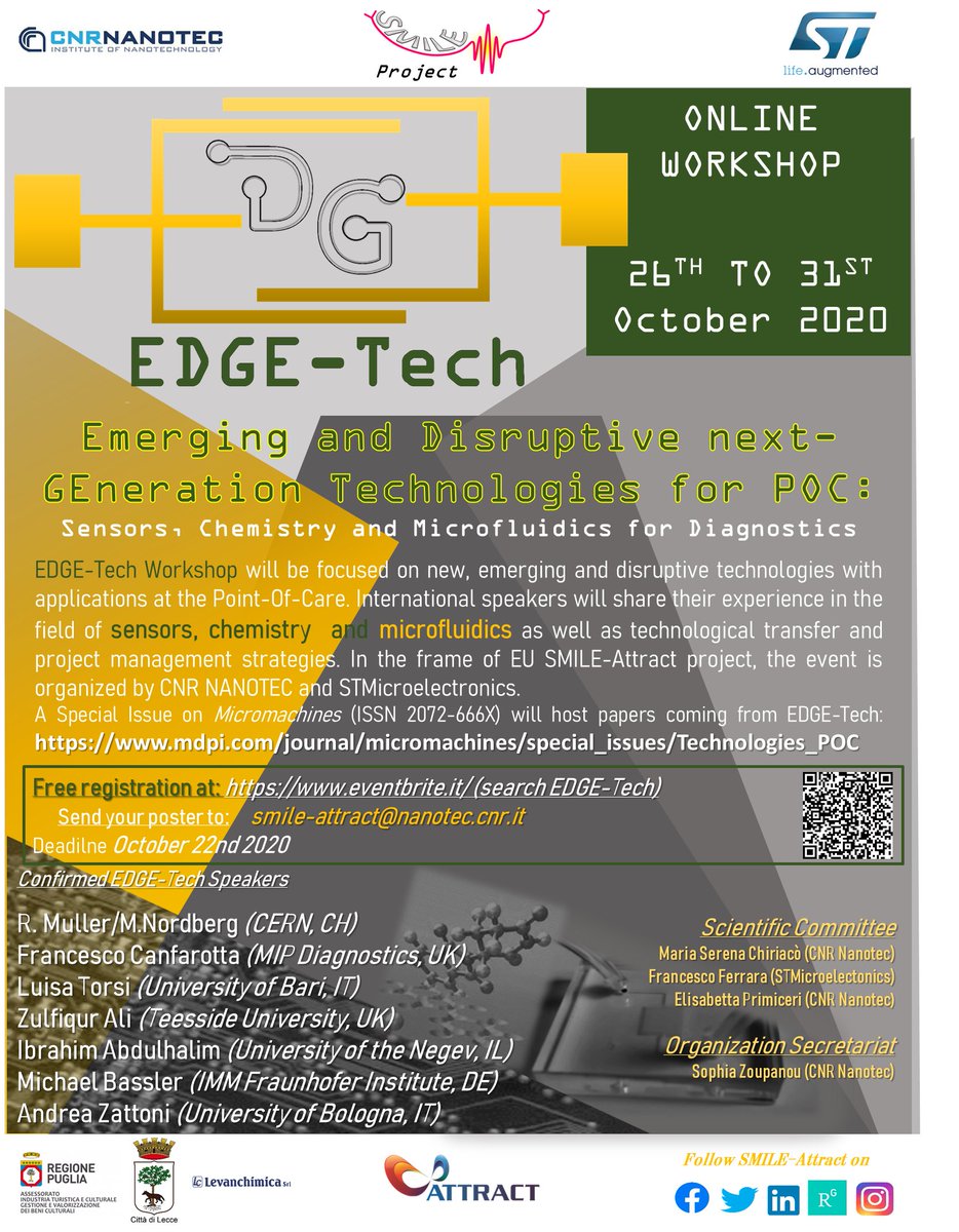 AttractSmile's tweet photo. We are back! #EDGETech #workshop moves on line: #Sensors, #Chemistry and #Microfluidics for #Diagnostics.
Confirmed speakers:
@luisa_torsi
#Canfarotta
@Zulf_Ali
#Abdulhalim
@azattoni
#Bassler
#TrustInScienceAndTechnology
@ATTRACTEU
#ATTRACTEU #H2020 #EUfunded https://t.co/xrkRZf2Mnb
