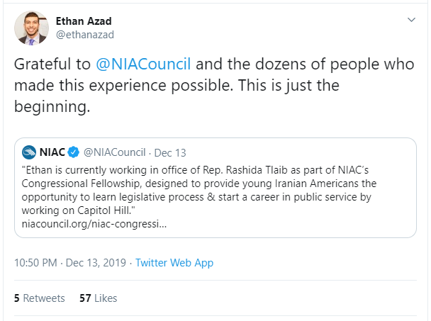 20) @ethanazad is a staff member of  @RepRashida who handles a "broad legislative portfolio, helping Tlaib’s office on foreign affairs… and government oversight."
