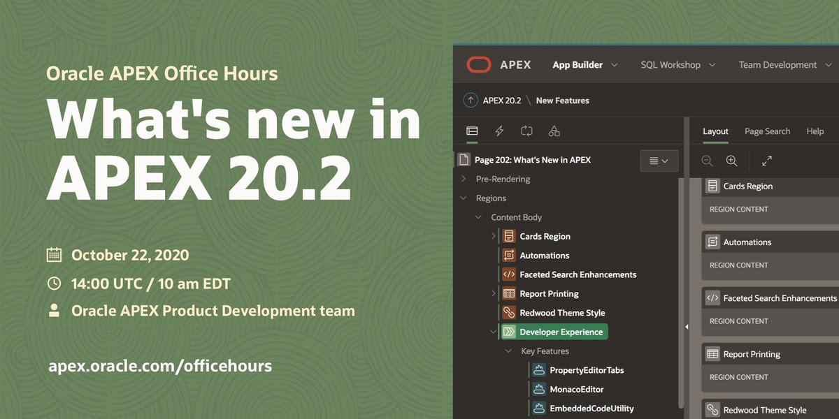 joelkallman's tweet photo. Some have called it "an epic release." 🔥

A week from today, on October 22 at 1000 EDT (1400 UTC), please join 6 members of the @OracleAPEX product development team, as they present:  

What's New in APEX 20.2

https://t.co/AwzXTsfUh1

#orclapex #oracle #LowCode #MOCA https://t.co/6Bag8JWcFv