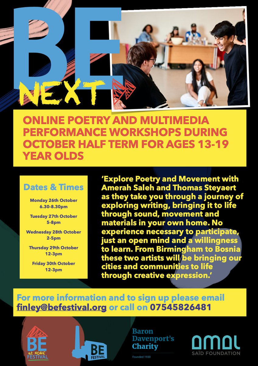 BENextOfficial's tweet photo. FREE digital performance workshops for young people in Birmingham aged 13-19 exploring poetry and movement with Amerah Saleh and Thomas Stayaert. 

To sign up click the link https://t.co/YX5Th3k8Hp or get in touch for more info.

Please share! https://t.co/IXQEEi108C