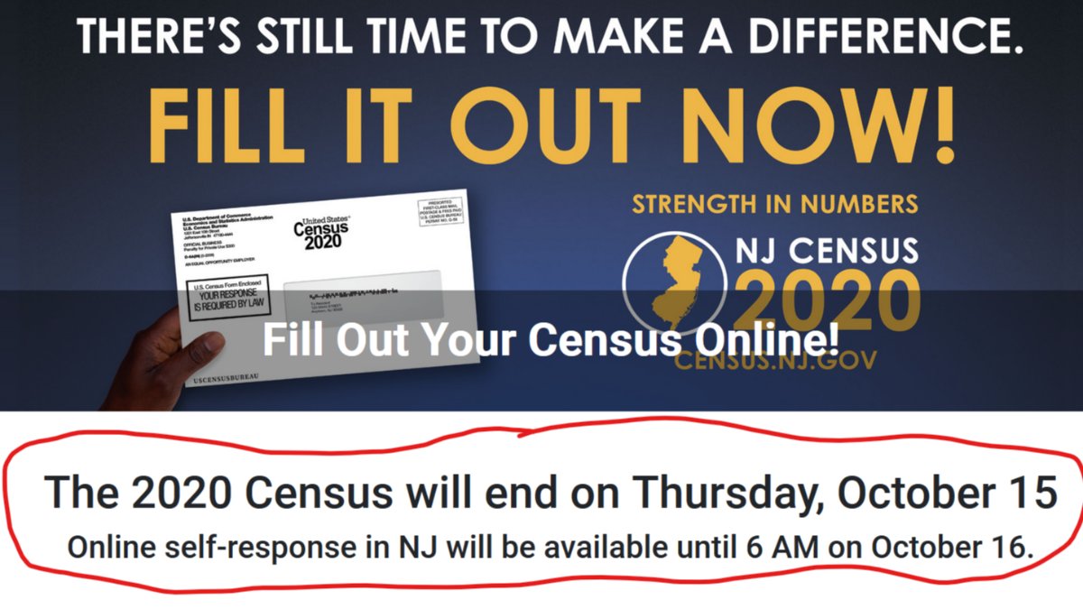 NJ_NonProfits's tweet photo. LAST CHANCE! The #2020Census ends TODAY Oct 15, with online self-response available in #NJ until 6AM Oct 16. Fill out the Census TODAY & spread the word quickly!
https://t.co/VA622XstbQ 844-330-2020 (English) or 844-468-2020 (Spanish).
#NJCensus2020 #FillitOutNow https://t.co/OYPha7lKIS