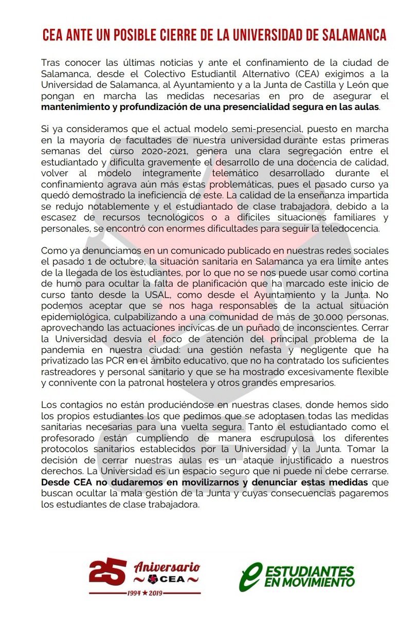 CEAestudiantes's tweet photo. 🔴📝 CEA ANTE UN POSIBLE CIERRE DE LA USAL 

Declarado el confinamiento de Salamanca y tras las declaraciones que sugerían un cierre de la presencialidad. Desde CEA exigimos a la @usal que tanto ahora como en el futuro mantenga la presencialidad con todas las medidas sanitarias. https://t.co/cHoojmDynh